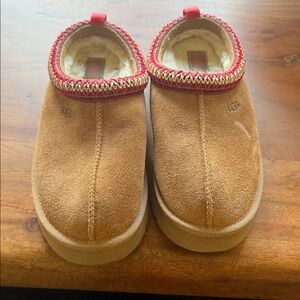 UGG Tan Kids Slippers with Red Trim